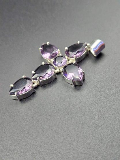 Faceted Amethyst Cross Pendant – 925 Sterling Silver