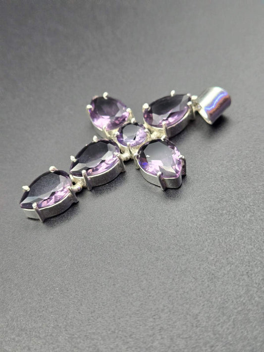 Faceted Amethyst Cross Pendant – 925 Sterling Silver